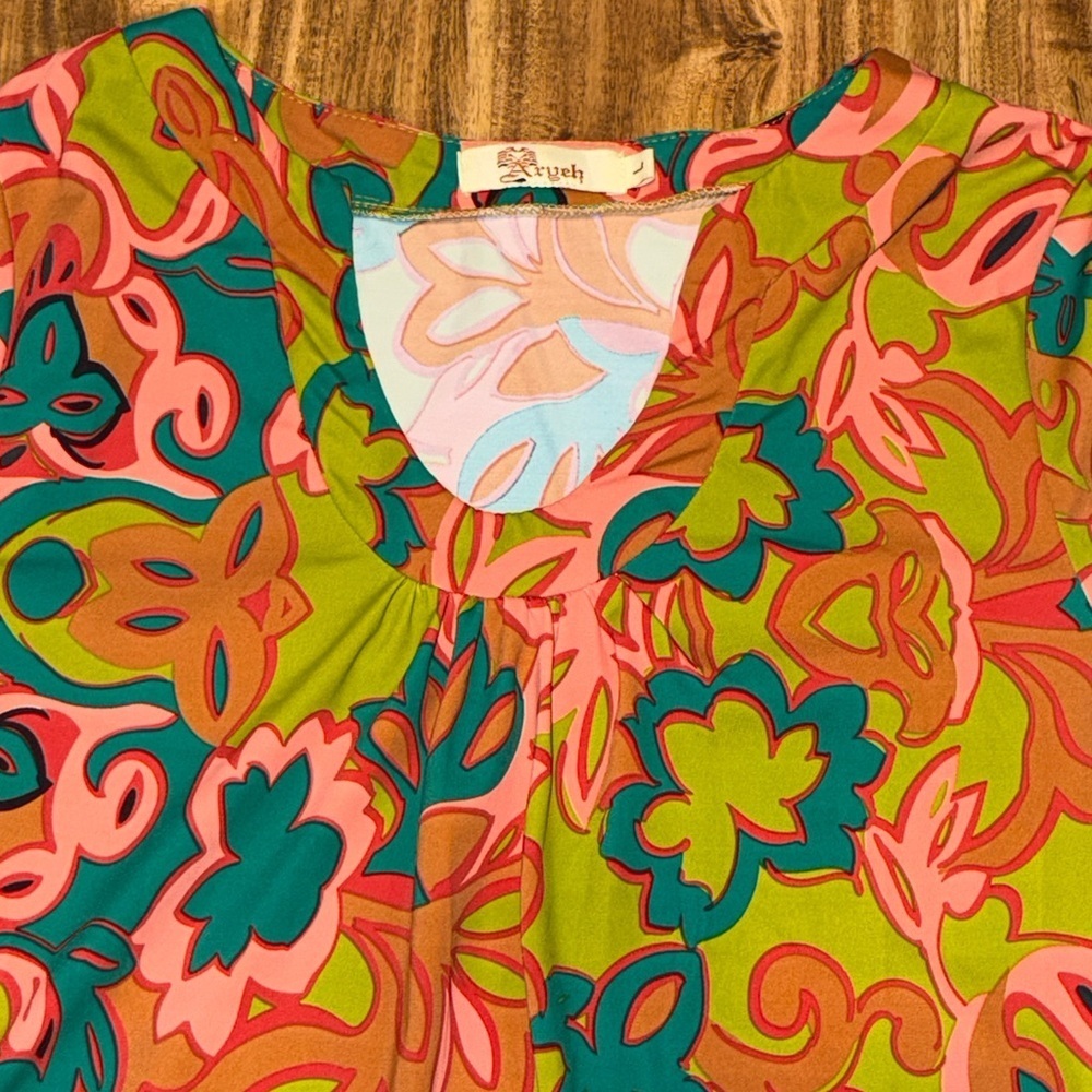Aryeh women’s large 12 14 dress knee 3/4 bell sleeve green pink pattern nwot - Picture 2 of 7